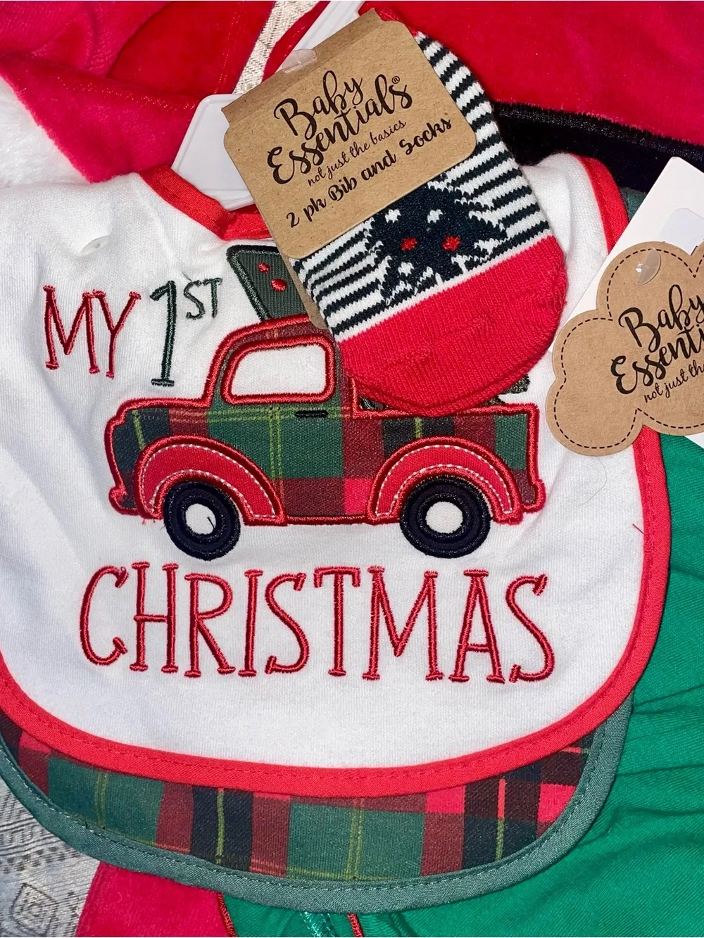 Santa Outfit Set, Green Gingerbread Dress and 1st Christmas bibs! 12 months